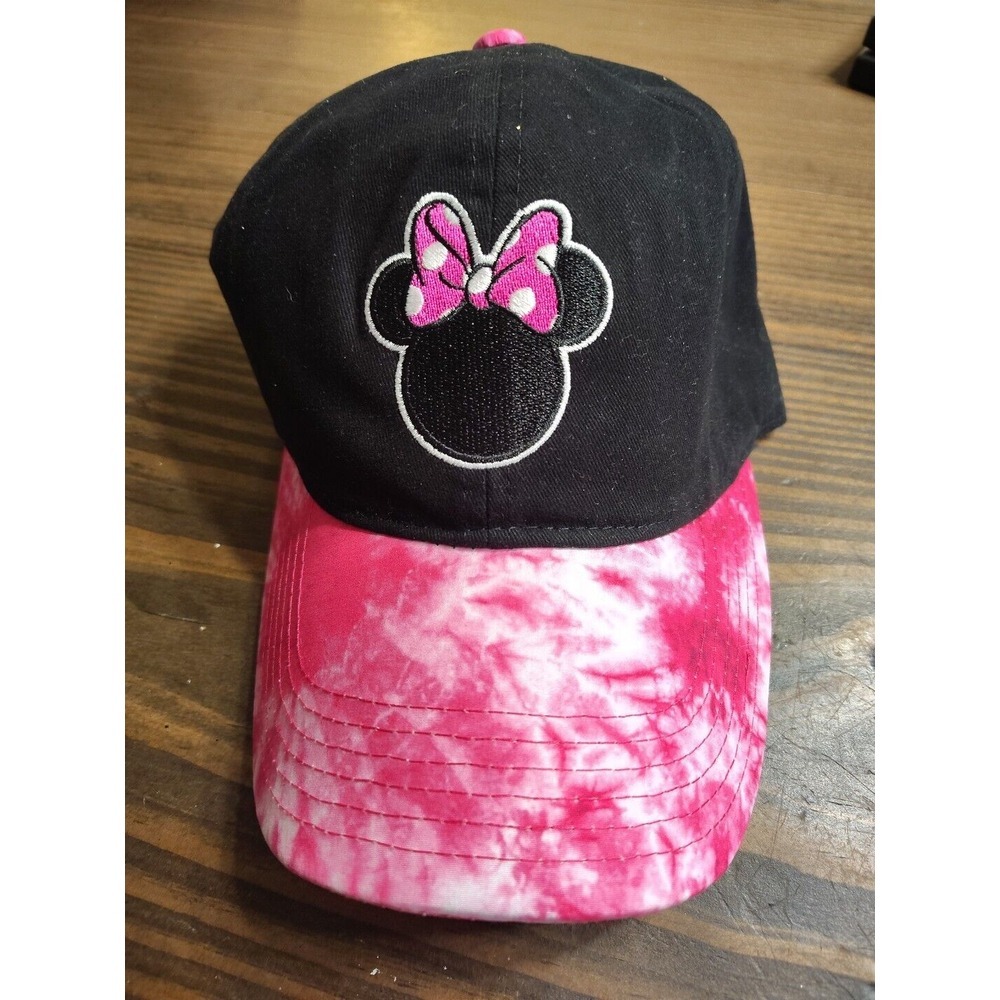 New Disney Minnie Mouse Baseball Cap Black Pink Tie Dye Bill Strap Back Nwt